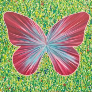 abstract floral piece with a pink and turquoise butterfly in the middle. Semi abstract in style with a drip technique for the flowers