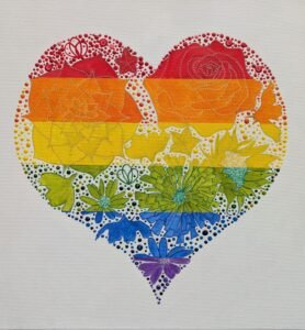 rainbow floral heart oil painting in abstract drip style in pride flag colours