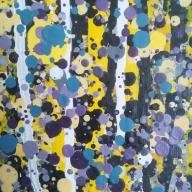 Close up of smile though your hear is aching. White oil paint drips down the canvas with yellow, black, grey and jade oil droplets suround them