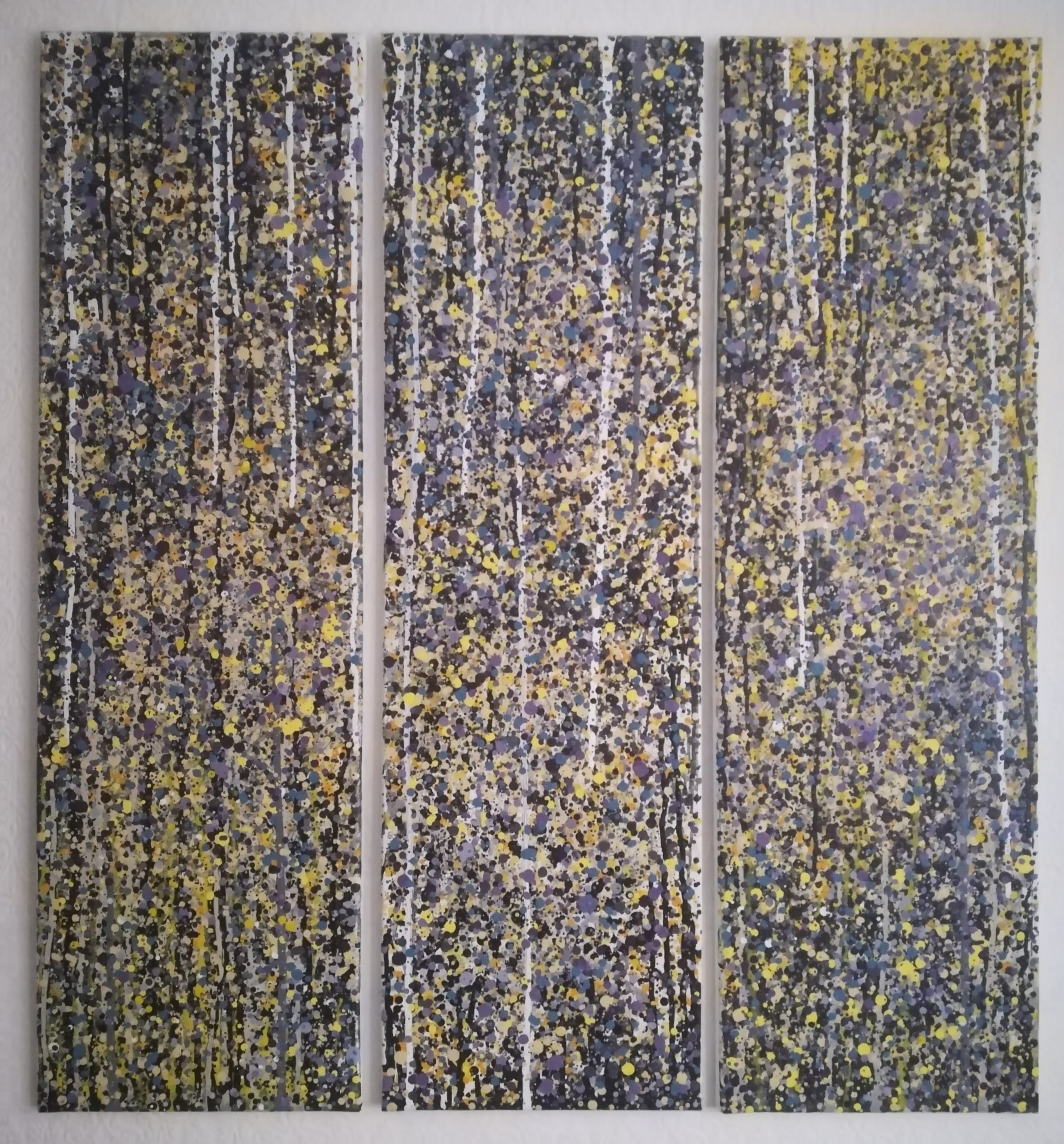 Smile though your heart is aching, an abstract drip painting triptych based on golden leaves on an autumn walk in welsh countryside