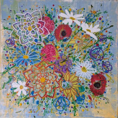 vibrant floral bouquet painting for sale. Multicolour wildflowers and oil paint droplets form this beautiful textured piece