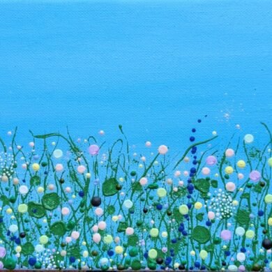 abstract floral piece with bright blue sky and a splash drip style effect for the flowers in shades of lilac and blue