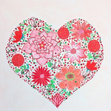 ruby coloured flowers within a heart shape. Perfect for a loved one or anniversary gift