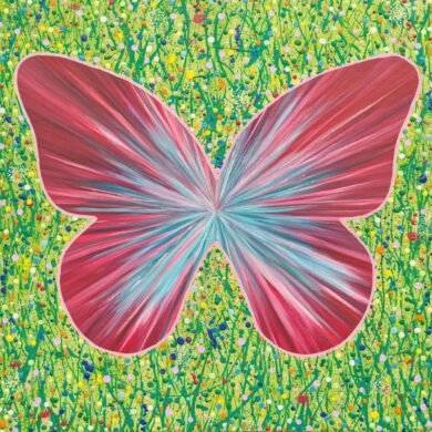 abstract floral piece with a pink and turquoise butterfly in the middle. Semi abstract in style with a drip technique for the flowers