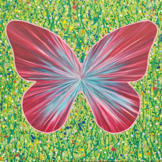 abstract floral piece with a pink and turquoise butterfly in the middle. Semi abstract in style with a drip technique for the flowers