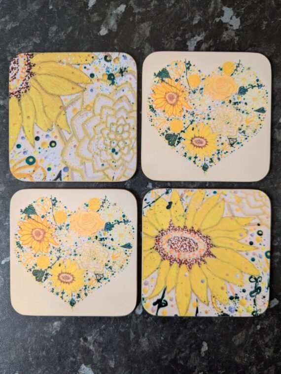 set of 4 coasters with golden floaral heart image