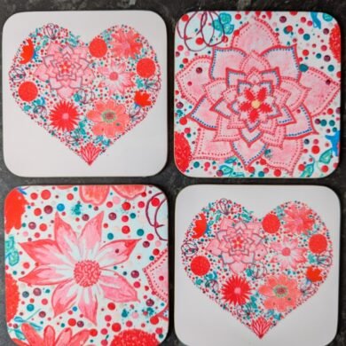 Set of 4, red floral heart coasters