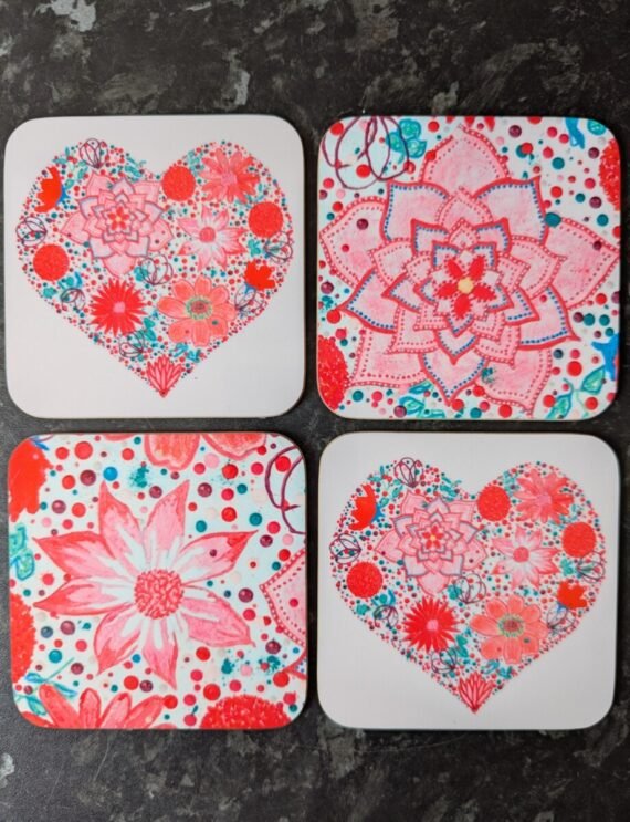 Set of 4, red floral heart coasters