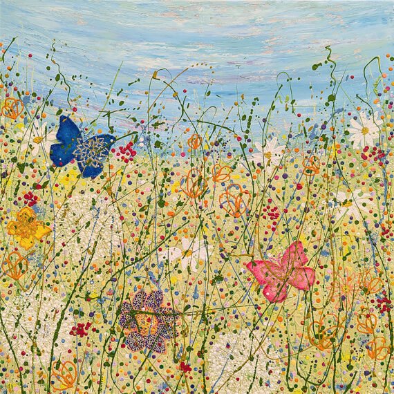 wildflower magic - the dancing butterflies is an abstract, magical floral painting with paster tones and a trio of dancing butterflies