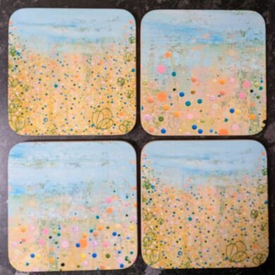 Wildflower Enchantment coasters, delicate abstract drip painting style with Navy sloth signature style illustrative outlines