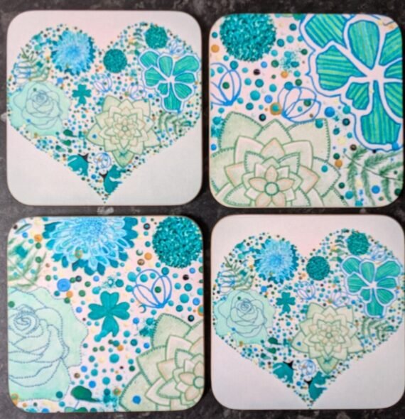 Set of 4 emerald green botanical design coasters