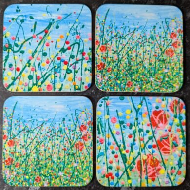 Wildflower Celebration coaster set, abstract drip painting with a floral twist.