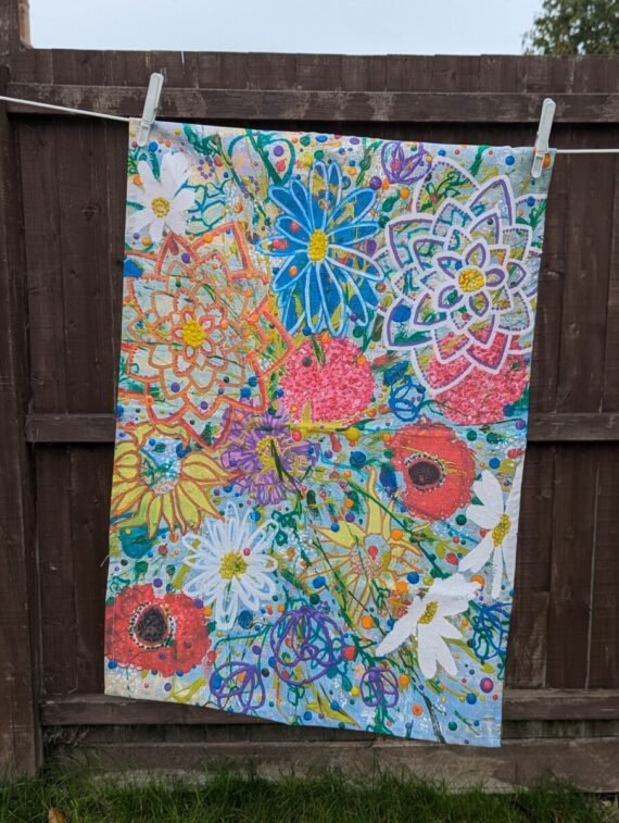Wildflower bouquet tea towel, vibrant and semi abstract