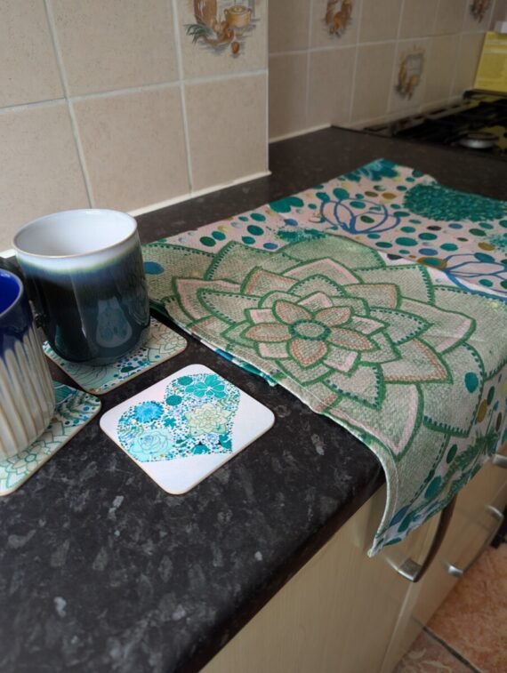 green botanical illustrated tea towel