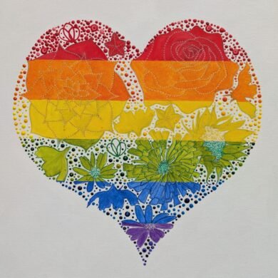 rainbow floral heart oil painting in abstract drip style in pride flag colours