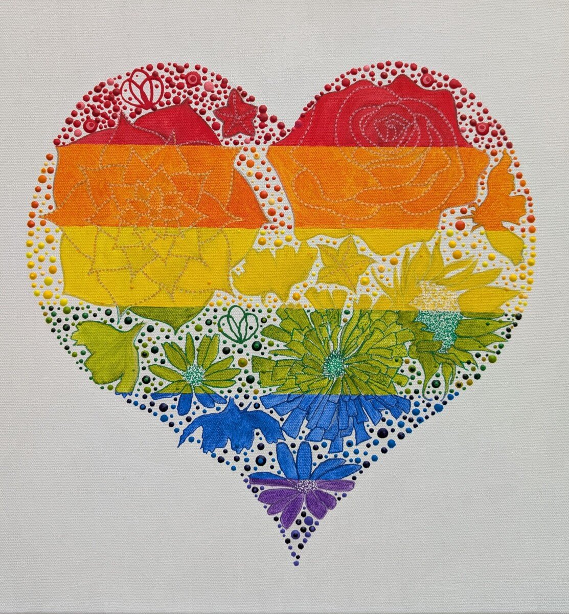PXL_20251013_124311591 rainbow floral heart oil painting in abstract drip style in pride flag colours