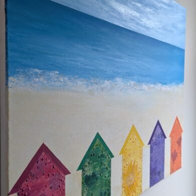 colourful beach huts with floral pattern