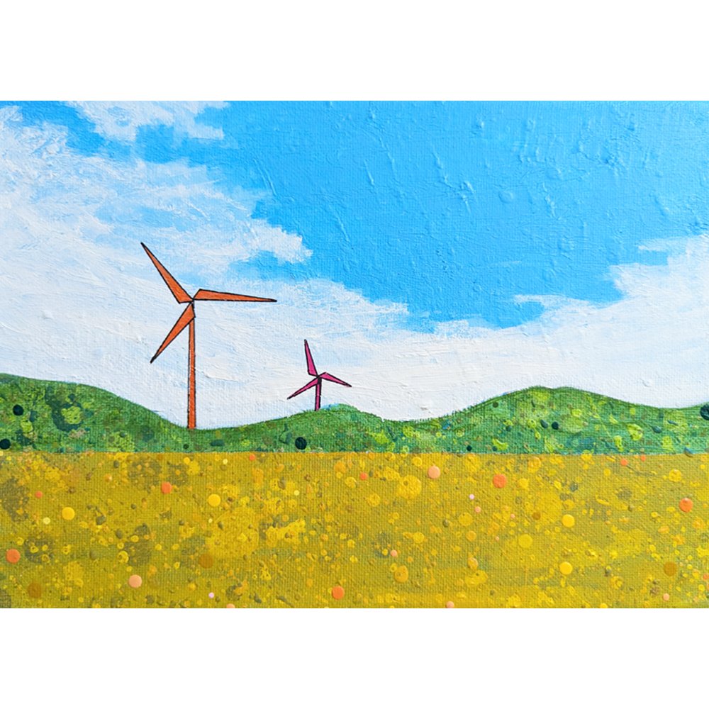 colourful arty wind turbines on a abstract landscape painting