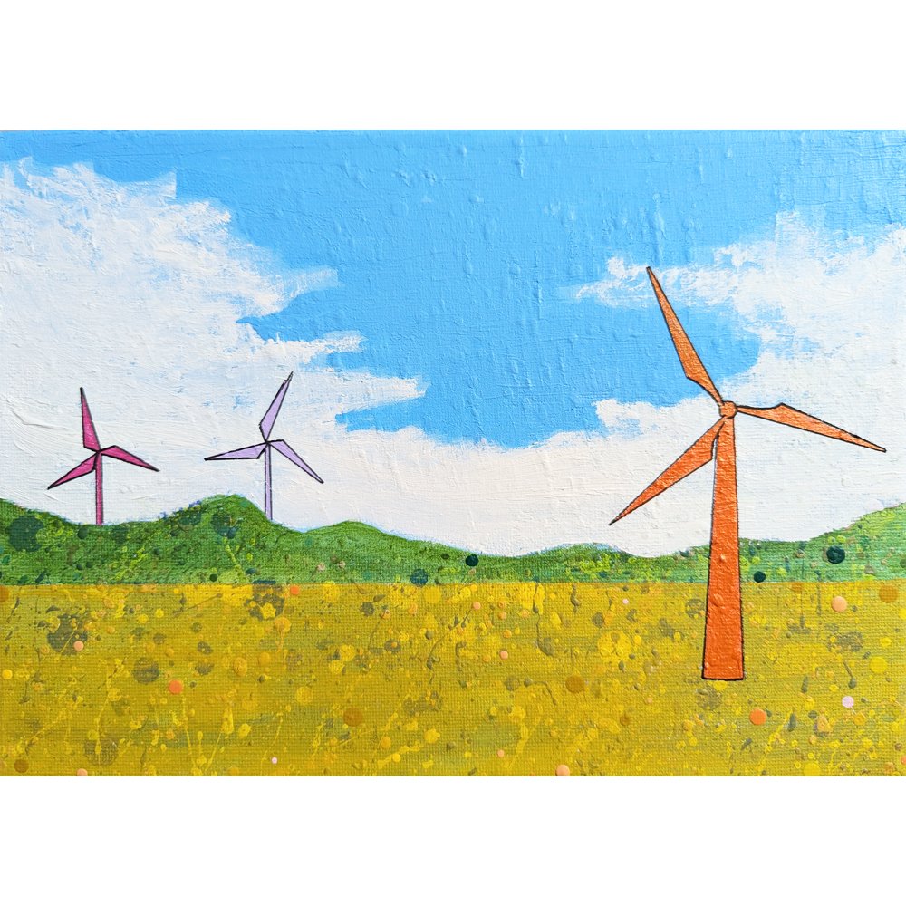 bright, colourful, fun wind turbine art on an abstract landscape