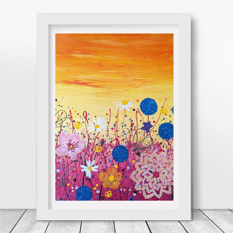Wildflower party is vibrant, slightly fantasy floral meadow - the perfect art print for nature lovers
